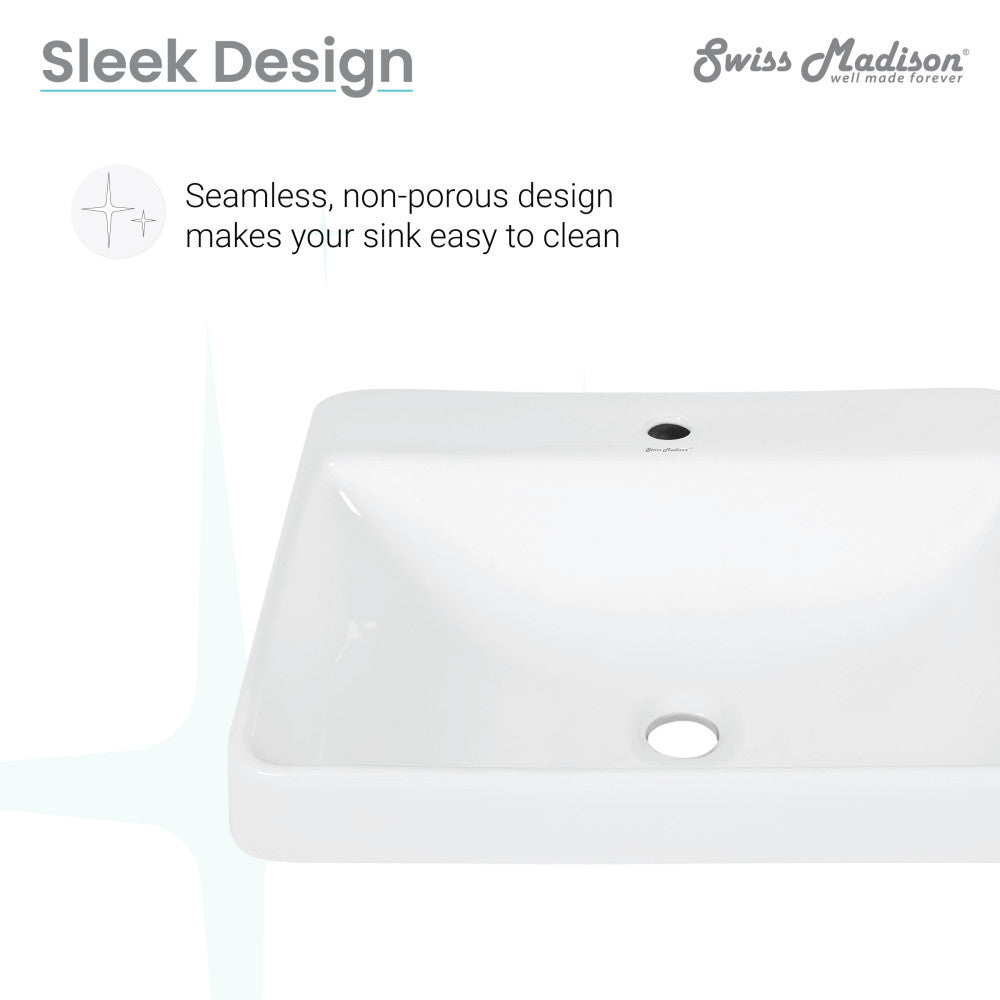 Large white rectangular vessel sink with seamless non-porous design and top drain hole.