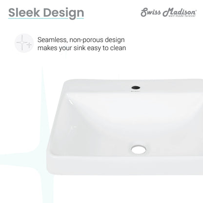 Large white rectangular vessel sink with seamless non-porous design and top drain hole.