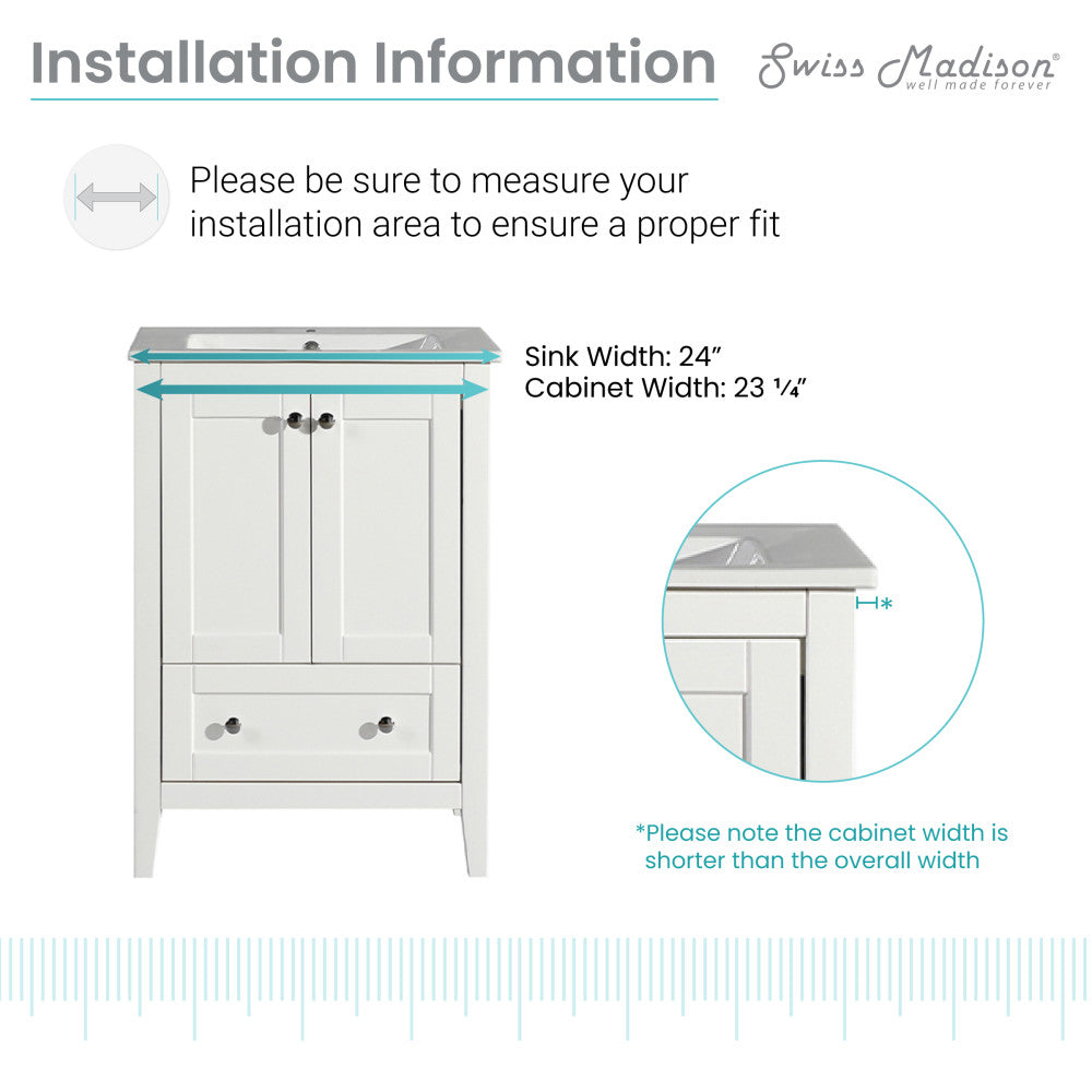 24-inch freestanding white bathroom vanity with sink top, soft-close doors, and classic panel design.