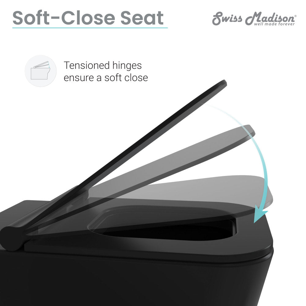 Wall-hung matte black toilet bowl with soft-close seat and tensioned hinges for quiet closing.