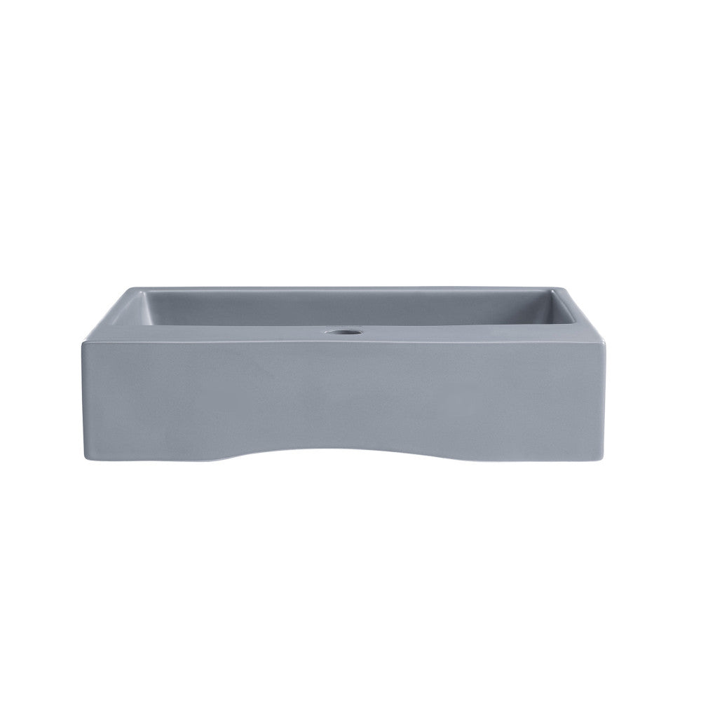 20" rectangular matte gray ceramic vessel sink with flat basin and smooth edges.