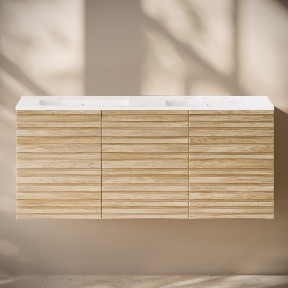 Cascade 48" Wall-Mounted Bathroom Vanity in Natural Oak with 3-Hole Centerset Double Basin Sink Top