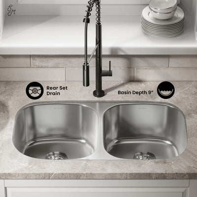 Toulouse 32 x 18 Stainless Steel, Dual Basin, Under-Mount Kitchen Sink