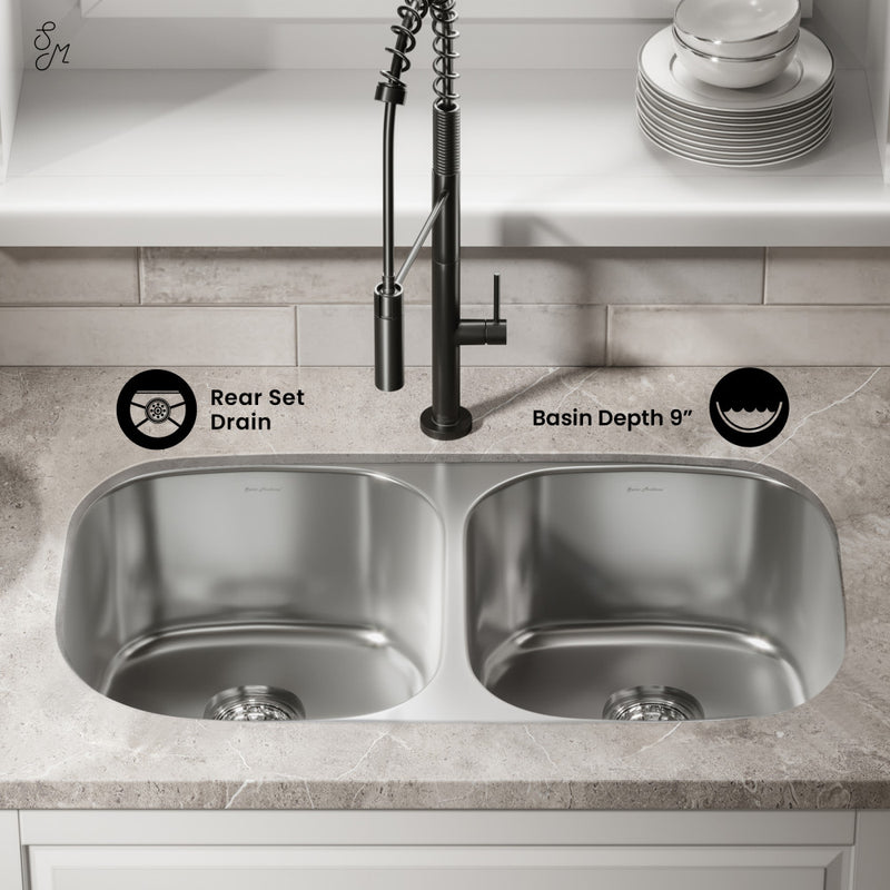 Toulouse 32 x 18 Stainless Steel, Dual Basin, Under-Mount Kitchen Sink