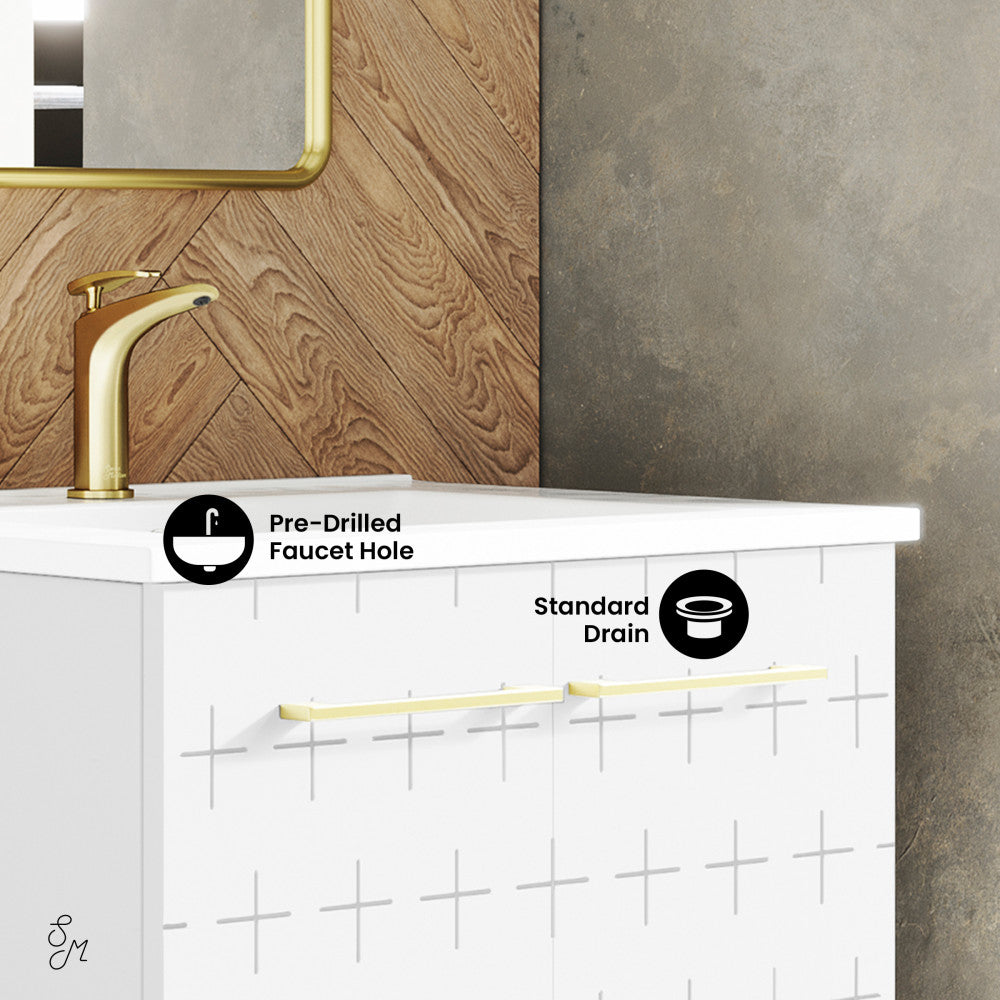 24-inch freestanding bathroom vanity in galaxy white, single sink, pre-drilled faucet hole, standard drain.