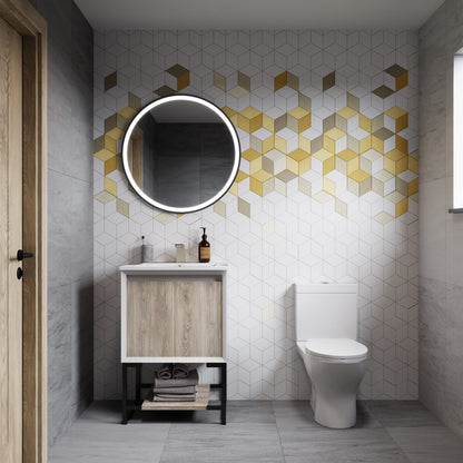 Elongated two-piece toilet with dual-flush system in white, modern bathroom setting.