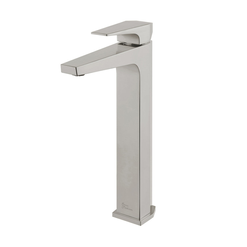 Single-handle high arc bathroom faucet in brushed nickel, Voltaire collection.