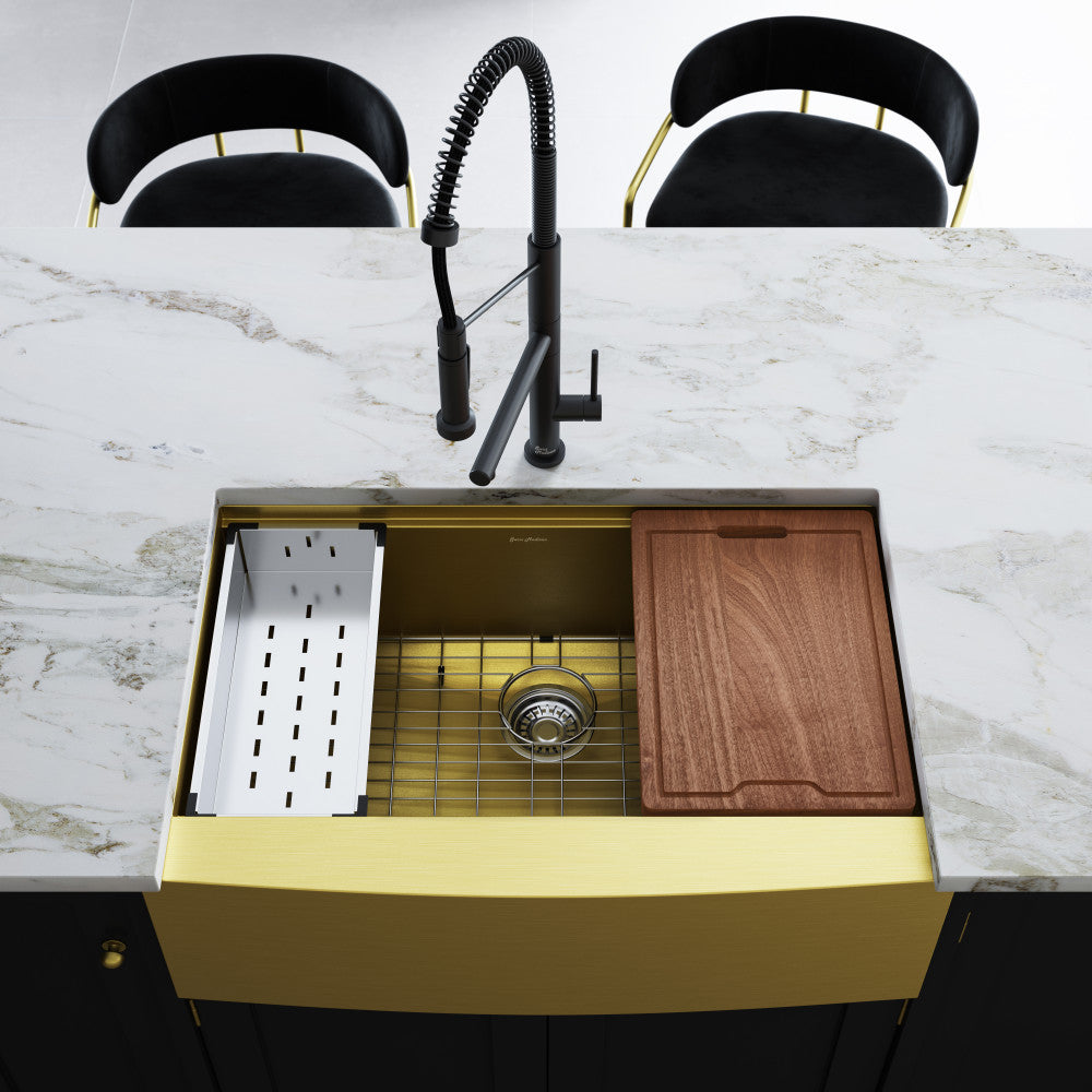 33 x 22-inch farmhouse kitchen sink in gold stainless steel with single basin, drain rack, and wooden cutting board.