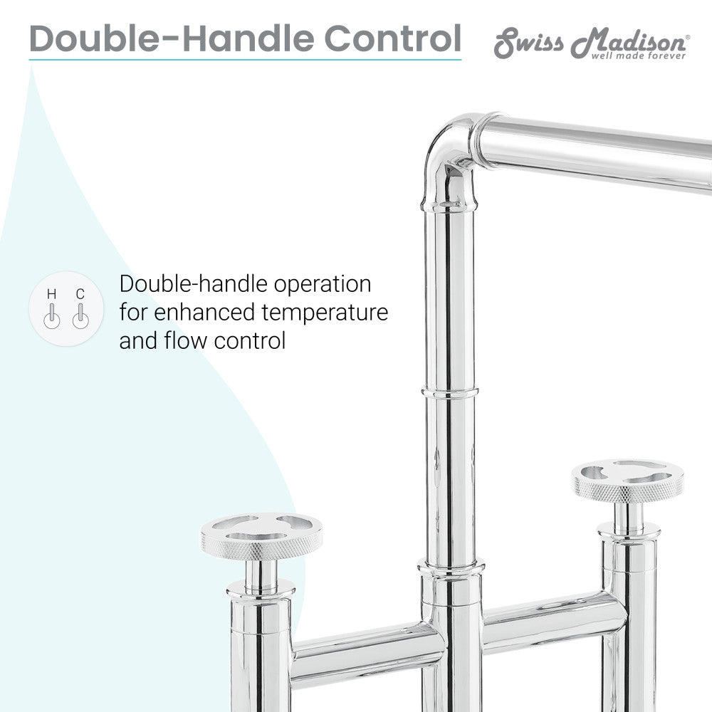 Widespread kitchen faucet in chrome with double-handle control and high-arc spout.