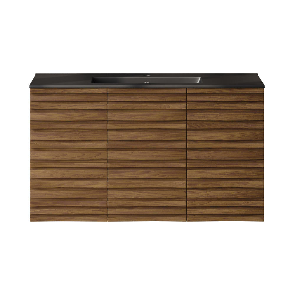 Cascade 36" Wall-Mounted Bathroom Vanity in Brown Oak with Black Sink Top