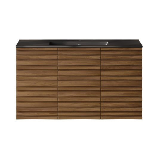 Cascade 36" Wall-Mounted Bathroom Vanity in Brown Oak with Black Sink Top