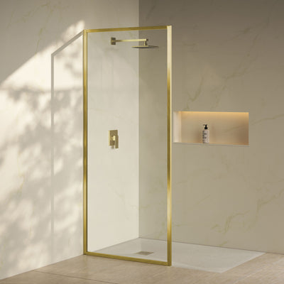 Pierre 34 x 76 Framed Fixed 3/8 in. (10mm) Clear Tempered Glass Shower Door with Gold Brushed Frame