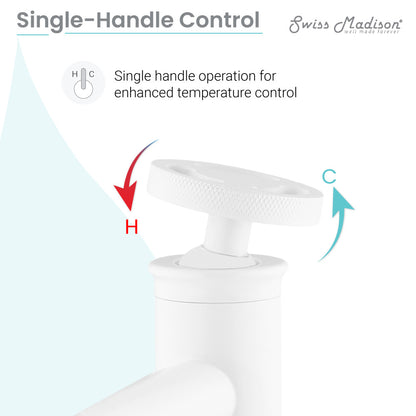 Single-handle bathroom faucet in matte white, wheel-style control handle.
