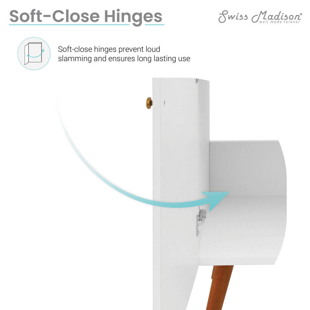 18-inch freestanding white bathroom vanity with soft-close doors and simple modern design.