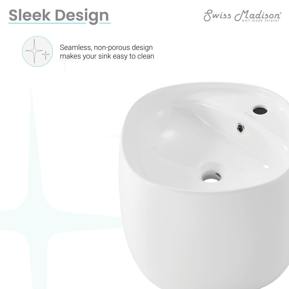 18-inch glossy white ceramic wall-mount bathroom sink with round basin and overflow hole.