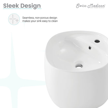 18-inch glossy white ceramic wall-mount bathroom sink with round basin and overflow hole.