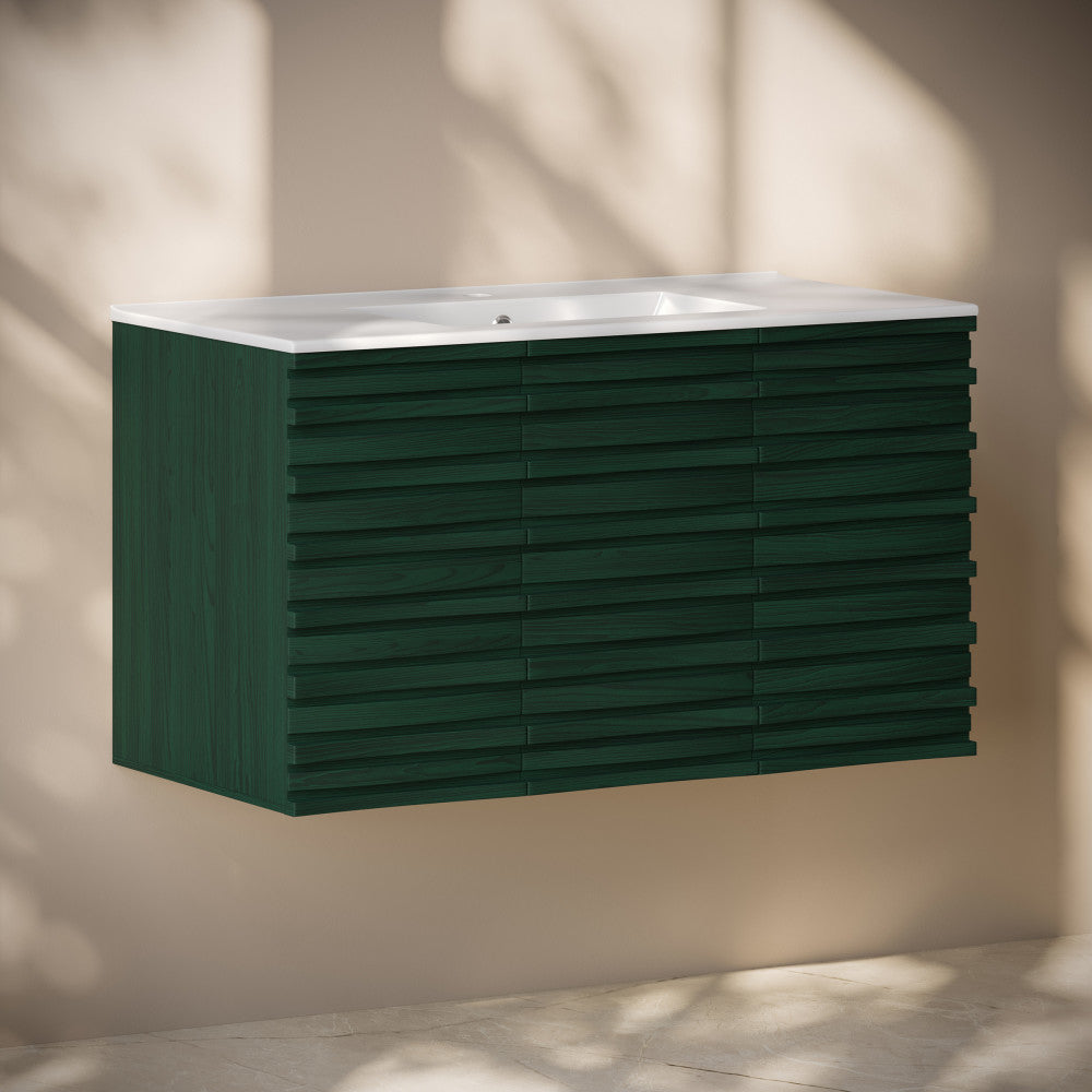 Cascade 36" Wall-Mounted Bathroom Vanity in Green Oak with Sink Top