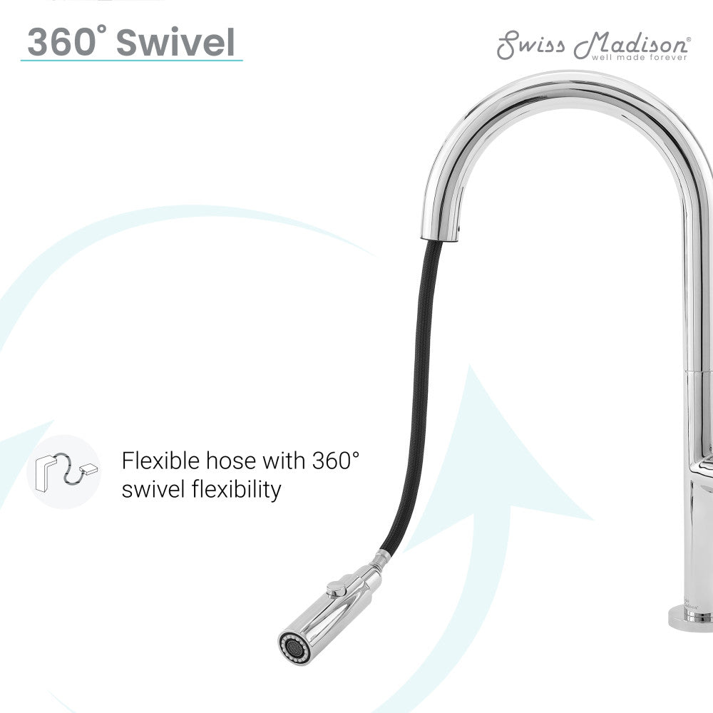 Pull-down kitchen faucet in chrome, single handle, flexible hose with 360-degree swivel.