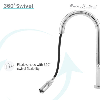 Pull-down kitchen faucet in chrome, single handle, flexible hose with 360-degree swivel.