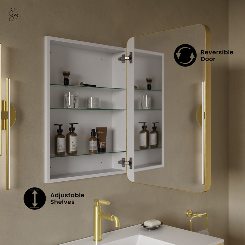 Pierre 20 x 30 Rectangle Recessed/Wall Mount Medicine Cabinet with Mirror in Brushed Gold