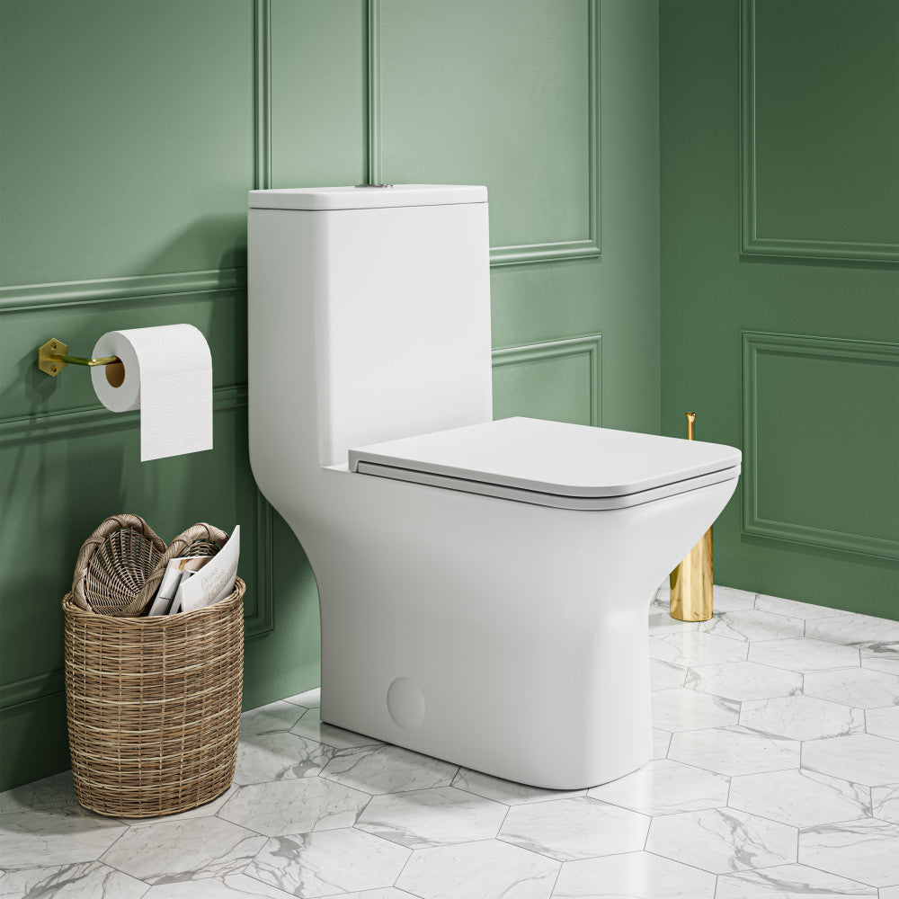 One-piece square toilet in matte white with dual flush and compact design.