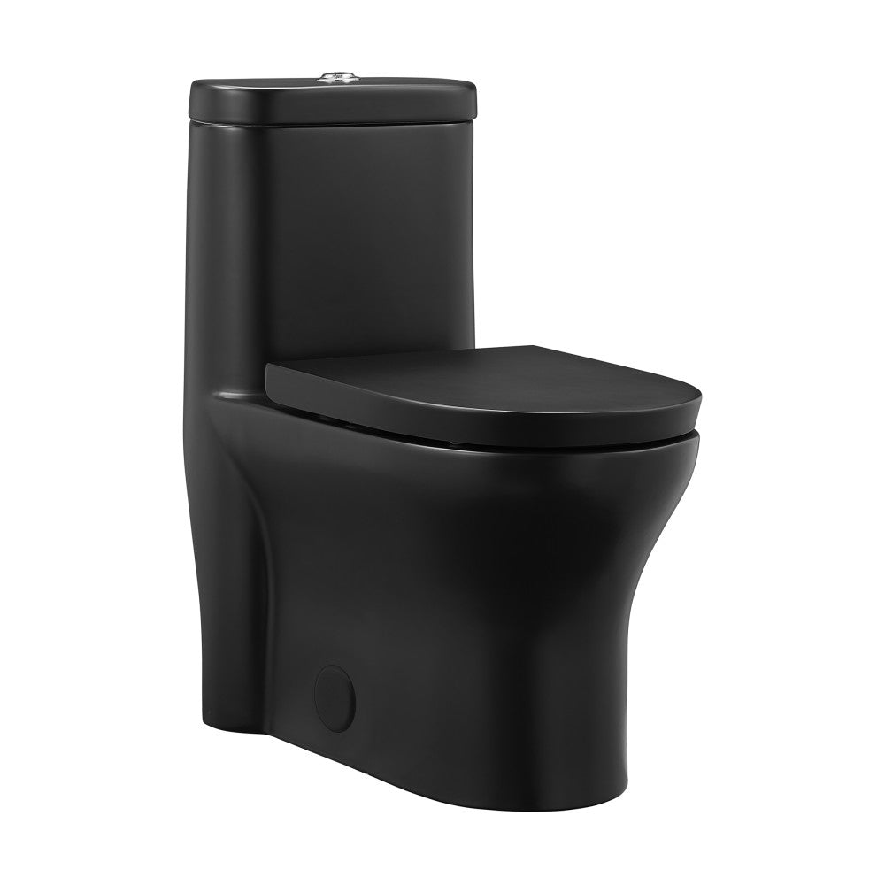 Elongated one-piece toilet in matte black with dual-flush and soft-close seat.