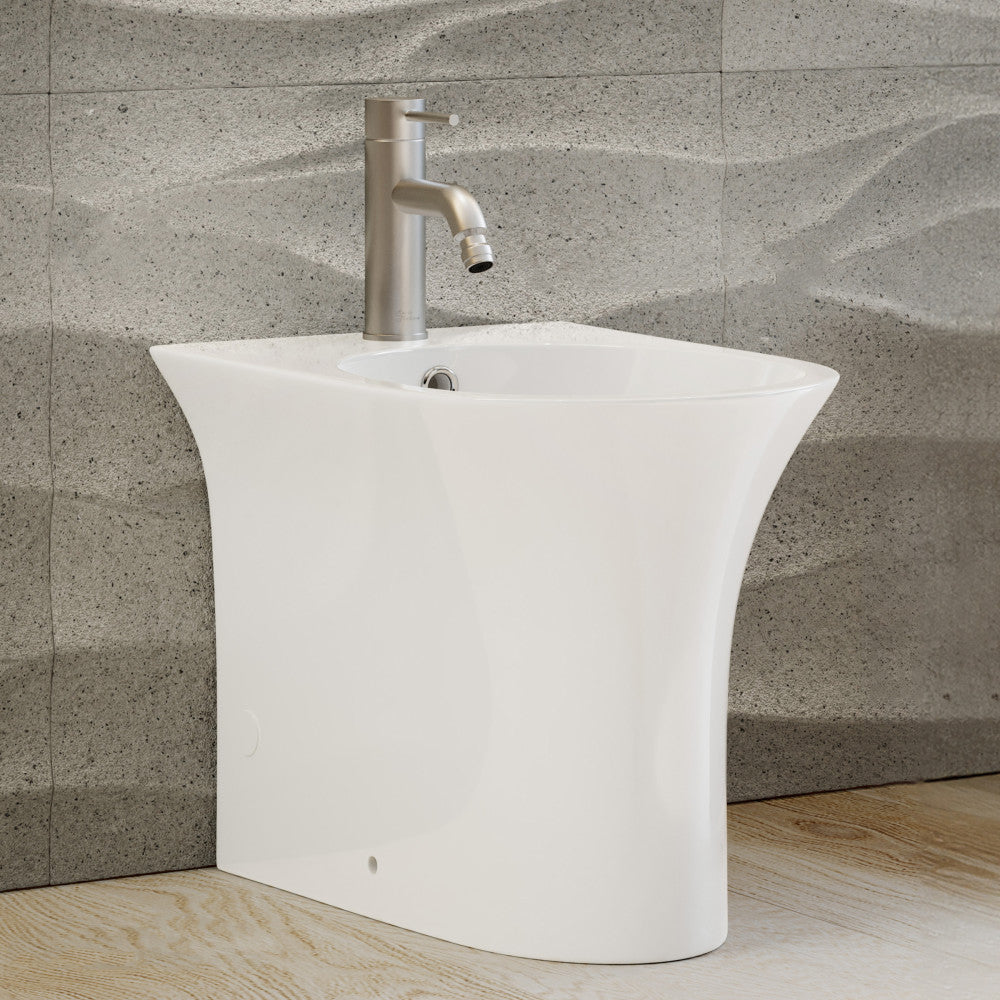 Floor-mount bidet in glossy white with single-handle brushed nickel faucet.