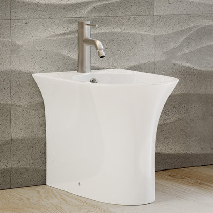Floor-mount bidet in glossy white with single-handle brushed nickel faucet.