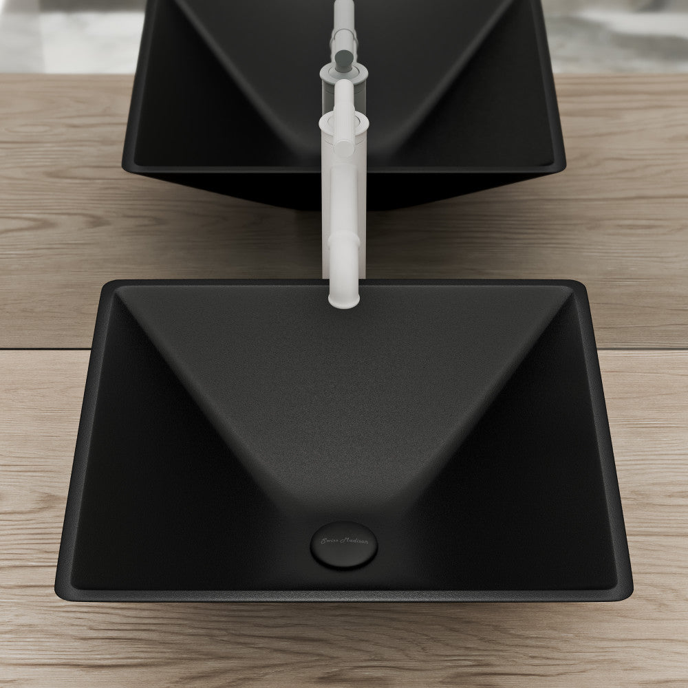 15.5-inch black glass vessel sink with square shape and smooth matte finish.