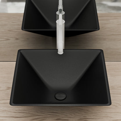 15.5-inch black glass vessel sink with square shape and smooth matte finish.