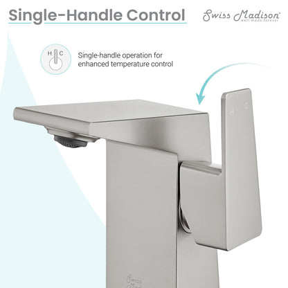 Single-handle bathroom faucet in brushed nickel with sleek rectangular spout and lever handle design.