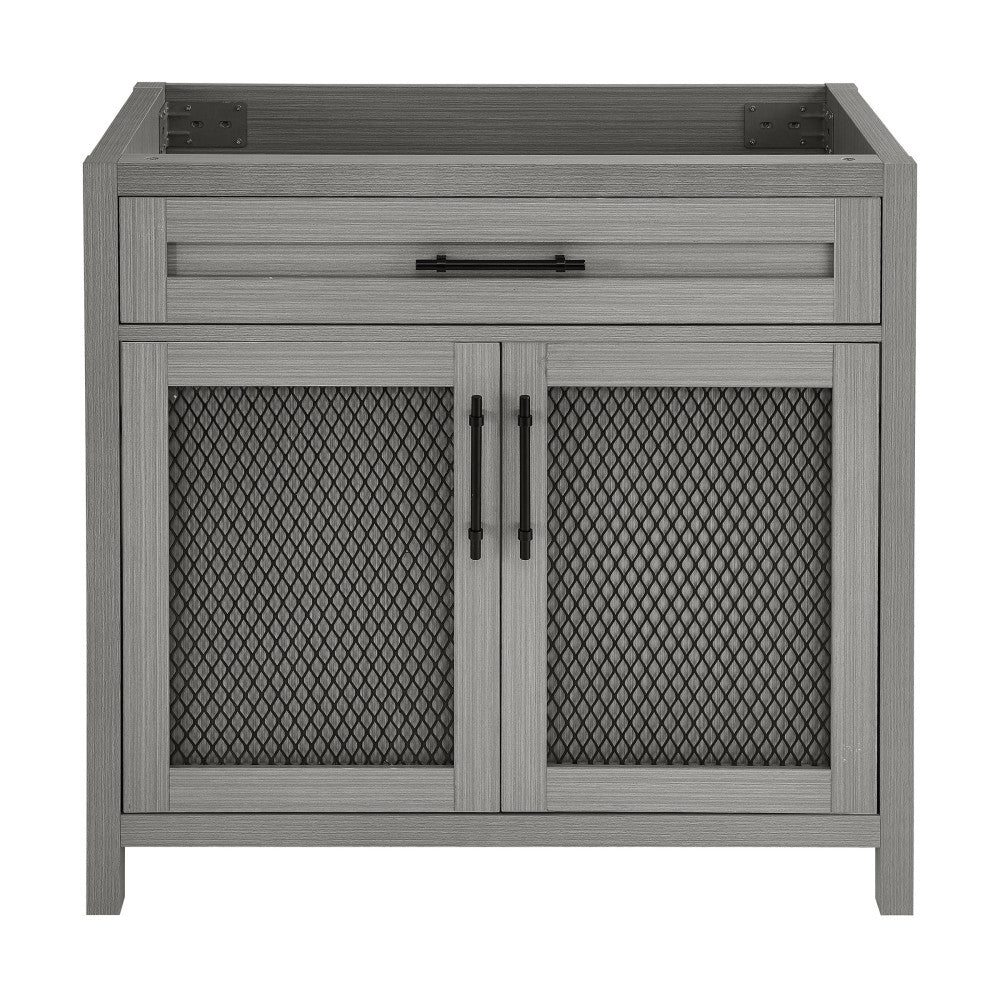 36-inch freestanding bathroom vanity in carbon gray, single sink, mesh front cabinet doors, black handles.
