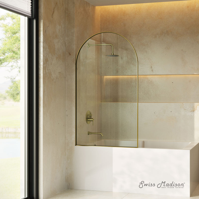 Porte 34 x 58 Framed Fixed 3/8 in. (10mm) Clear Tempered Glass Tub Door with Brushed Gold Frame