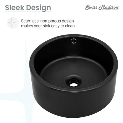 16.5” round vessel sink in matte black with seamless, non-porous design and center drain hole.
