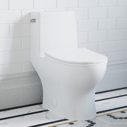 Elongated one-piece toilet with left side flush, sleek white finish, compact design.
