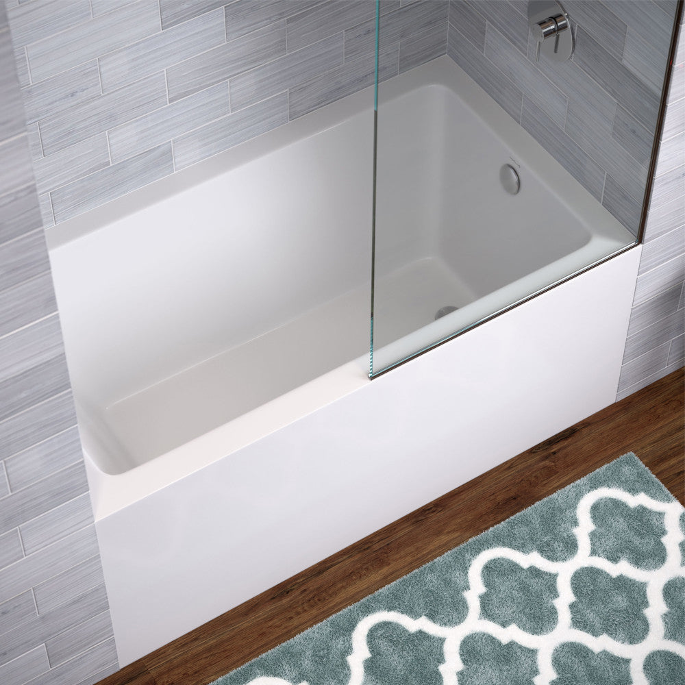 Skirted alcove soaking bathtub 54 x 30 inch with glossy white apron front and right drain.