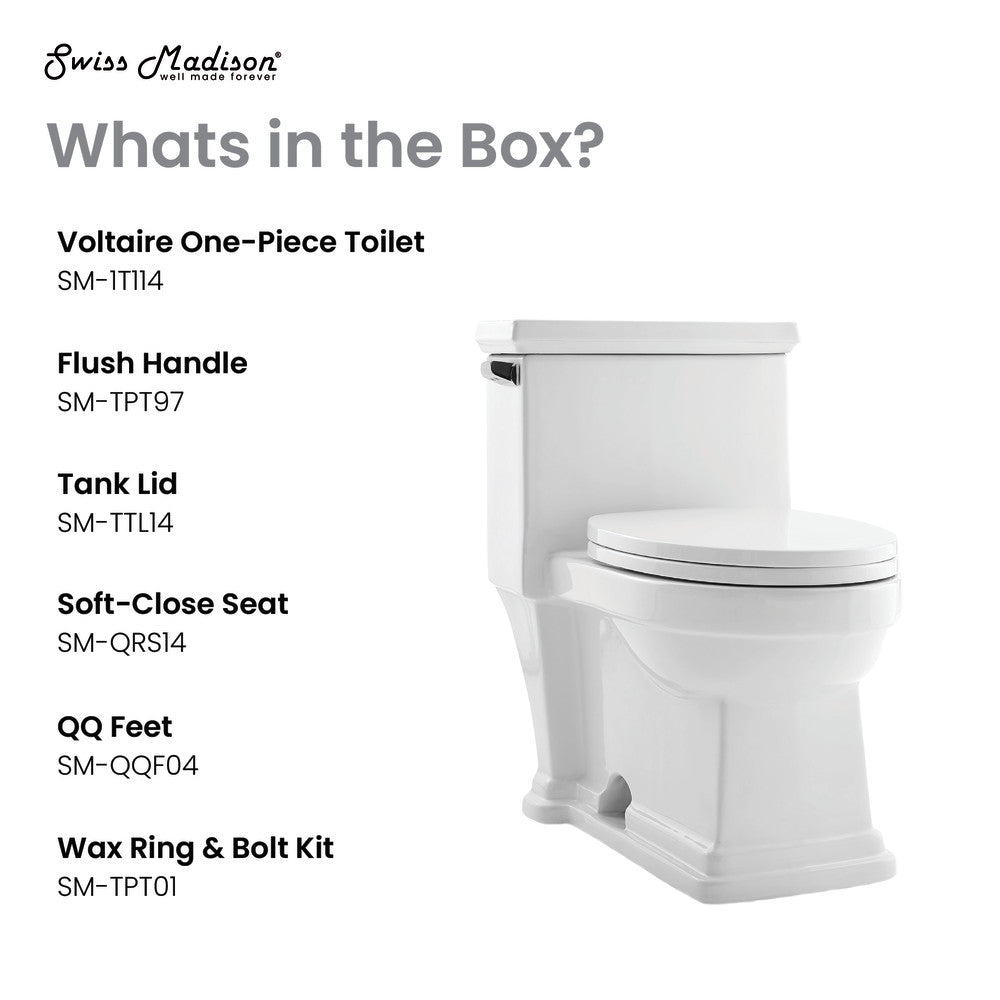 Elongated one-piece toilet with side flush handle and soft-close seat in white ceramic.