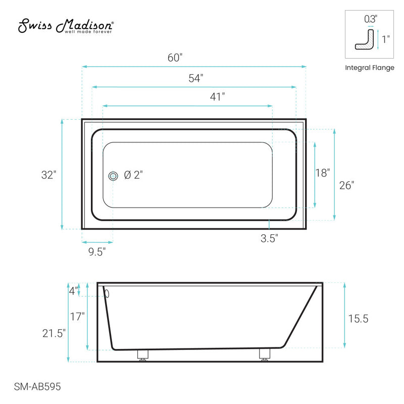 Voltaire 60" x 32" Left-Hand Drain Alcove Bathtub with Apron