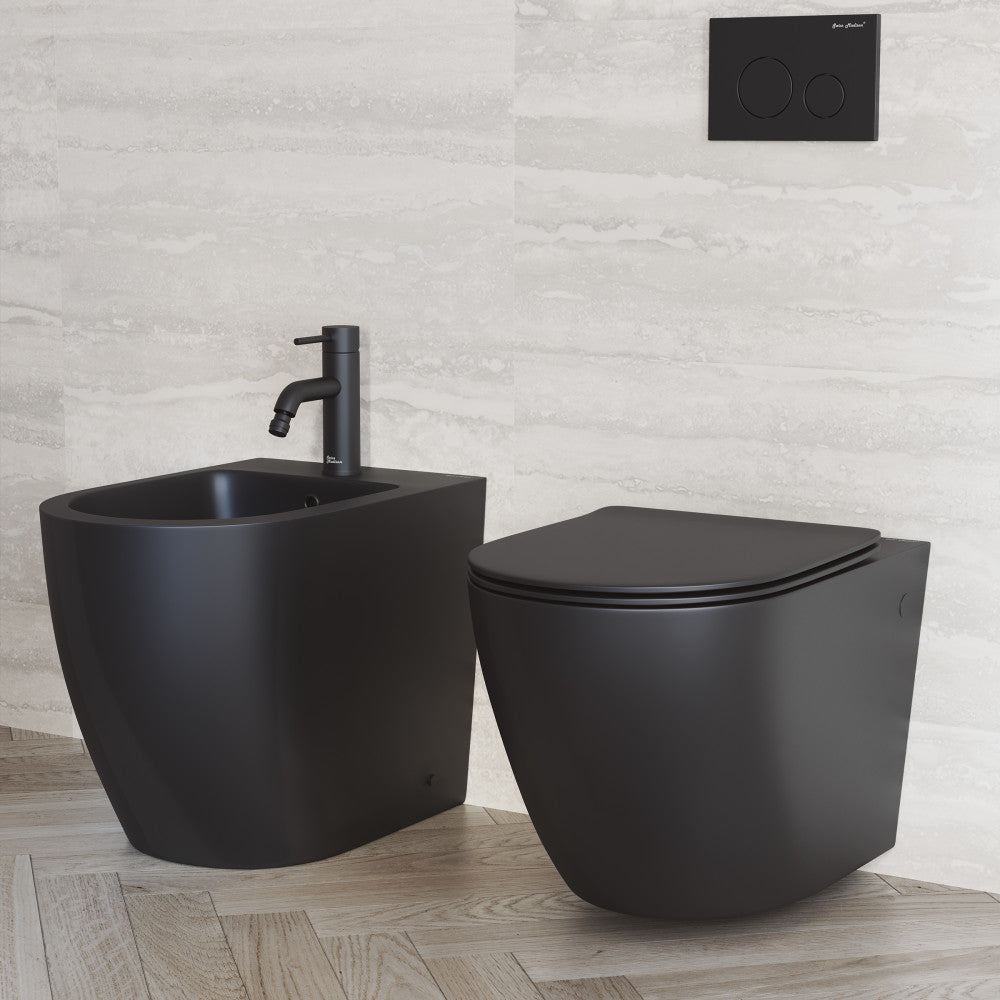 Wall-hung toilet bowl in matte black with sleek, minimalist design and smooth curves.
