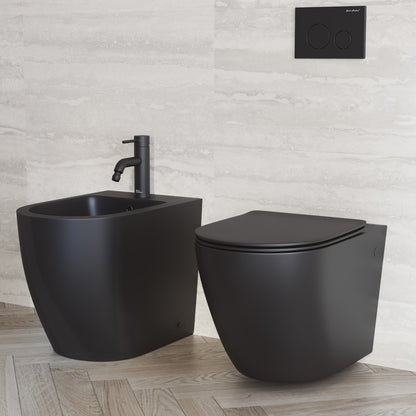 Wall-hung toilet bowl in matte black with sleek, minimalist design and smooth curves.