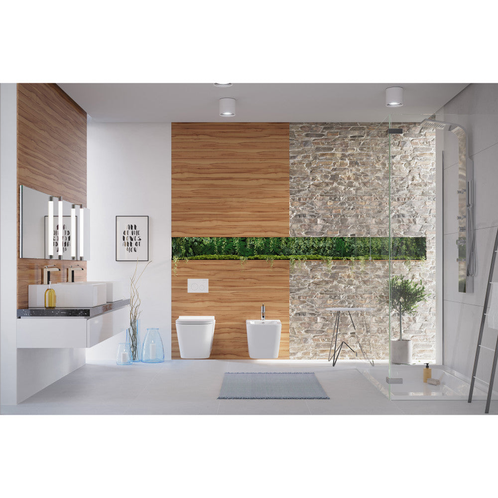 Wall-hung black toilet bowl with sleek minimalist design and concealed plumbing.