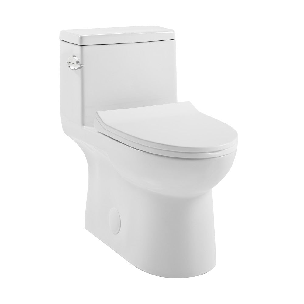 Elongated one-piece toilet with left side flush handle, 1.28 gallons per flush, white ceramic finish.