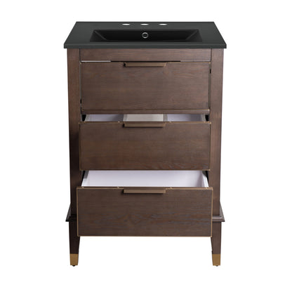 Hugo 24 in. Brown Oak Bathroom Vanity With Black, 3-Hole Ceramic Sink Top