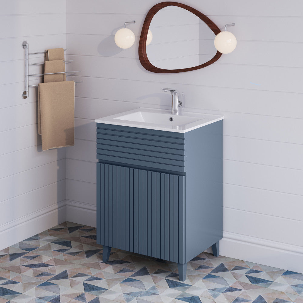 24-inch freestanding blue heather bathroom vanity with single sink and ribbed door design.