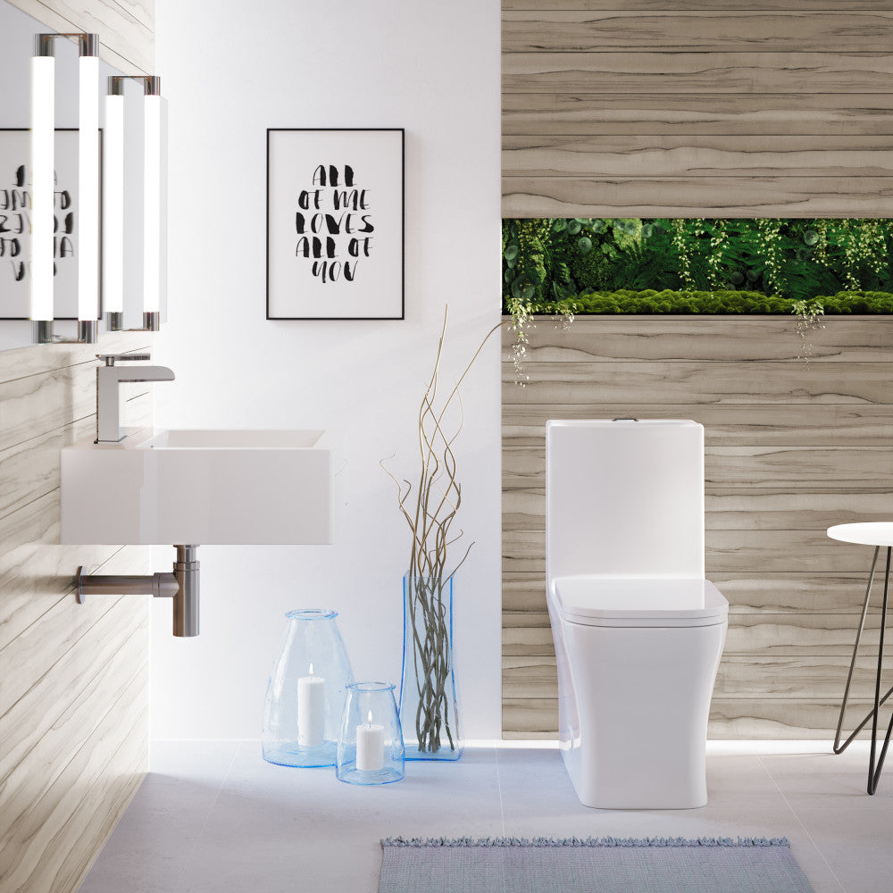 Elongated one-piece square toilet with dual flush and 10" rough-in, white porcelain.
