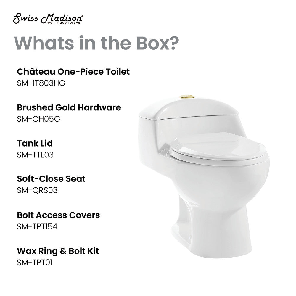 Elongated one-piece toilet with dual flush, brushed gold hardware, soft-close seat.