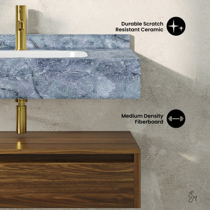 Avancer 36" Wall-Mounted Bathroom Vanity in Brown Oak with Blue Celeste Sink Top