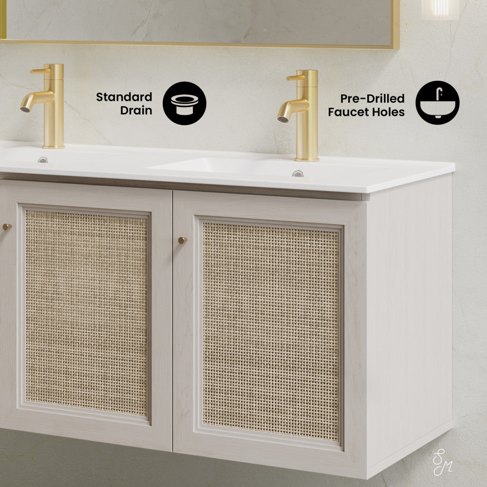 Classe 48" Wall-Mounted Bathroom Vanity in White Oak with Double Basin Vanity Top