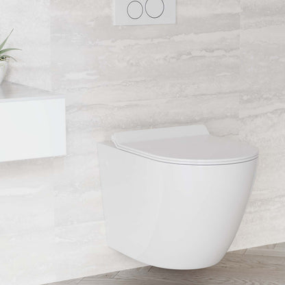 Elongated wall-hung toilet in glossy white, dual flush with flush plate.