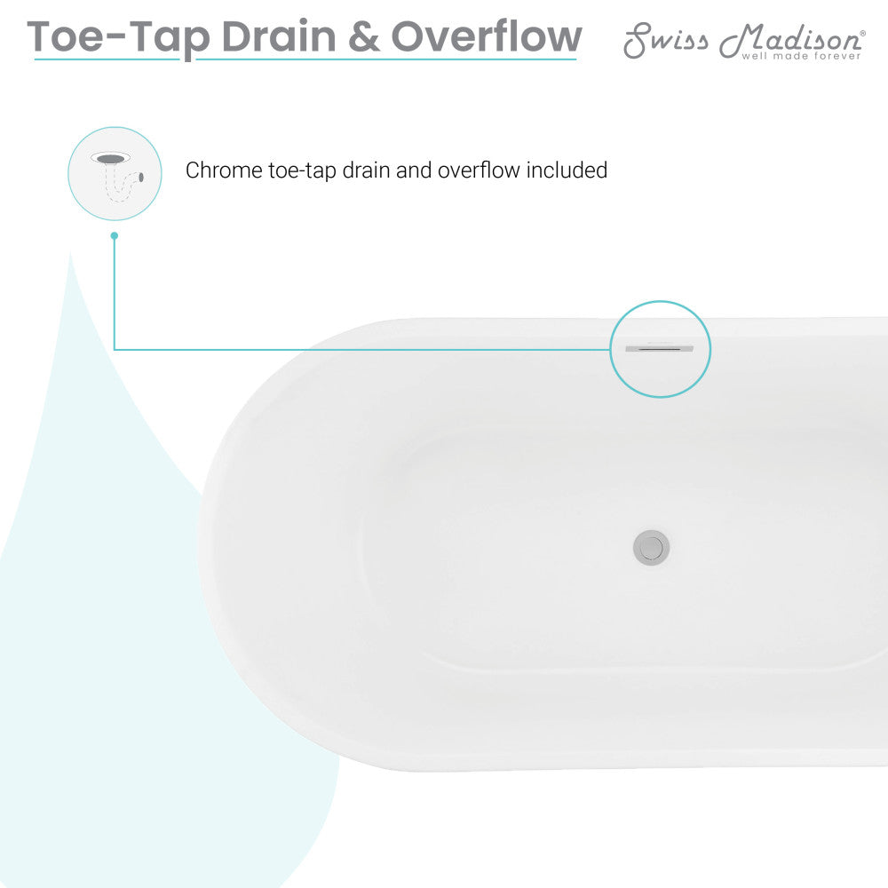 Freestanding soaking bathtub 60 inch, matte white interior, matte black exterior, center drain.